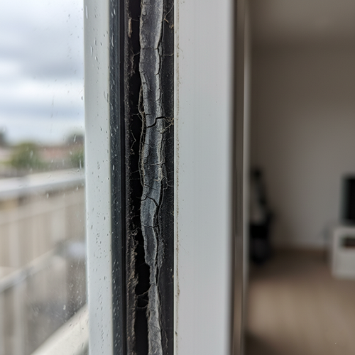 Pęknięta i zużyta czarna uszczelka w białym oknie PCV