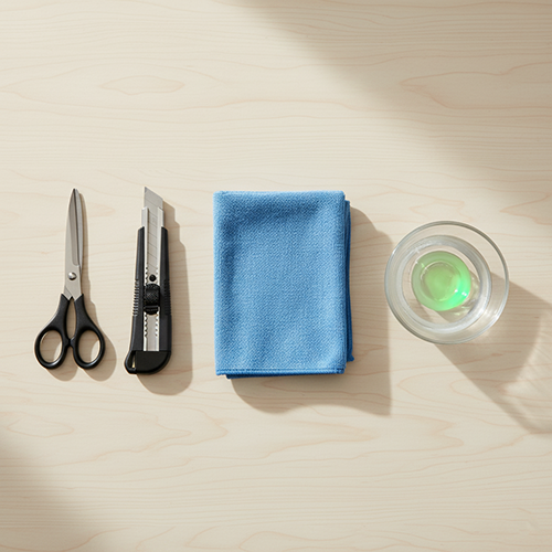 Narzędzia: nożyczki, nożyk tapicerski, ścierka, płyn w miseczce