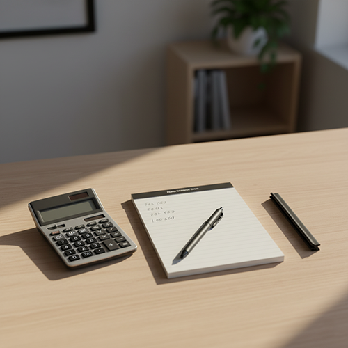 Biurko z kalkulatorem i notesem do obliczania kosztów
