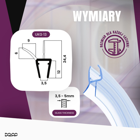 Uszczelka Kabiny Prysznicowej GIĘTA do Kabin Prysznicowych do Szyb 3,5mm-5mm UKG13 0,1m - 1,0m