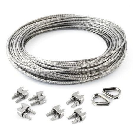 ZESTAW: lina nierdzewna 3mm 7x19 - 10m, zacisk kabłąkowy - 6 szt., kausza - 2 szt.